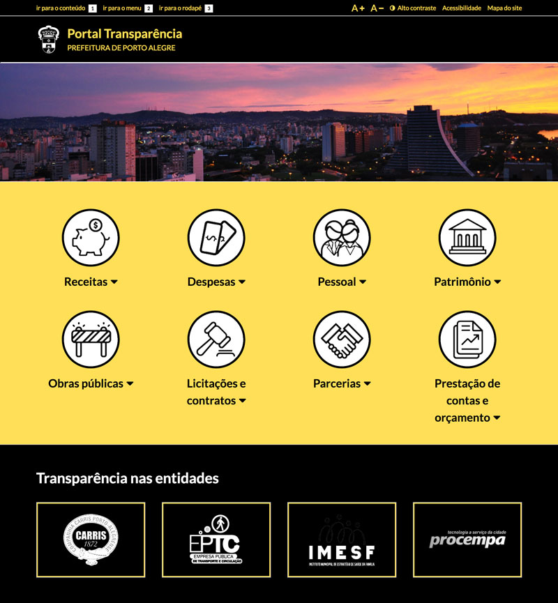 Visualização da tela inicial do Portal Transparência em modo de alto contraste